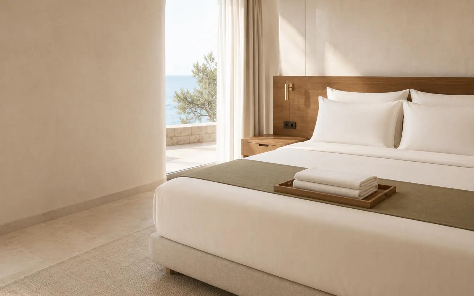 Suite mediterranea premium con tessili verde oliva